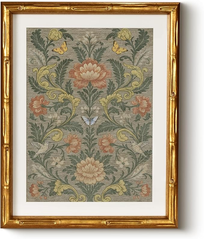 Vintage Botanical Butterflies Flowers Wall Art 11x14, Gold Bamboo-Textured Framed Canvas Print Acrylic Cover, Classic Garden Painting Floral Artwork Room Bedroom Entryway Home Office Décor