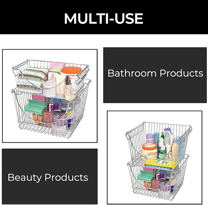 Smart Design Stacking Baskets Organizer w/ Handle - Medium - Steel - for Food, Fruit, & Vegetable Safe - Kitchen (12.63 x 5.5 Inch) [Chrome] (2 Pack)