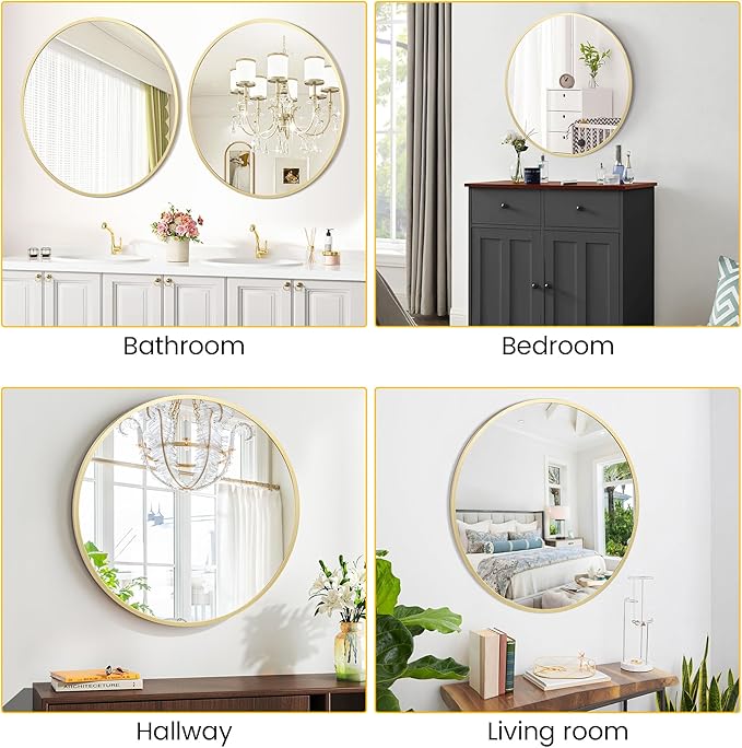 30 in Round Mirror for Wall, Gold Metal Frame Circle Mirror, Round Bathroom Mirror for Wall Decor, Mirror for Entryway, Vanity, Bedroom, Easy to Install