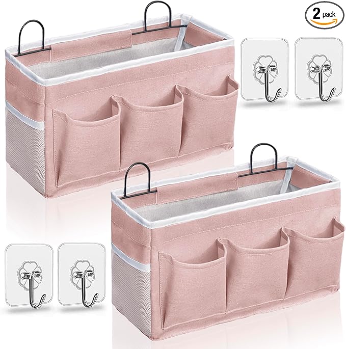 2pcs Light-Style Wall Hanging Storage Bag, Linen Fabric Door Hanging Organizer Baskets with Pockets, Waterproof Bin for Bedroom, Kitchen, Office, RV Camper (Pink-2pcs)