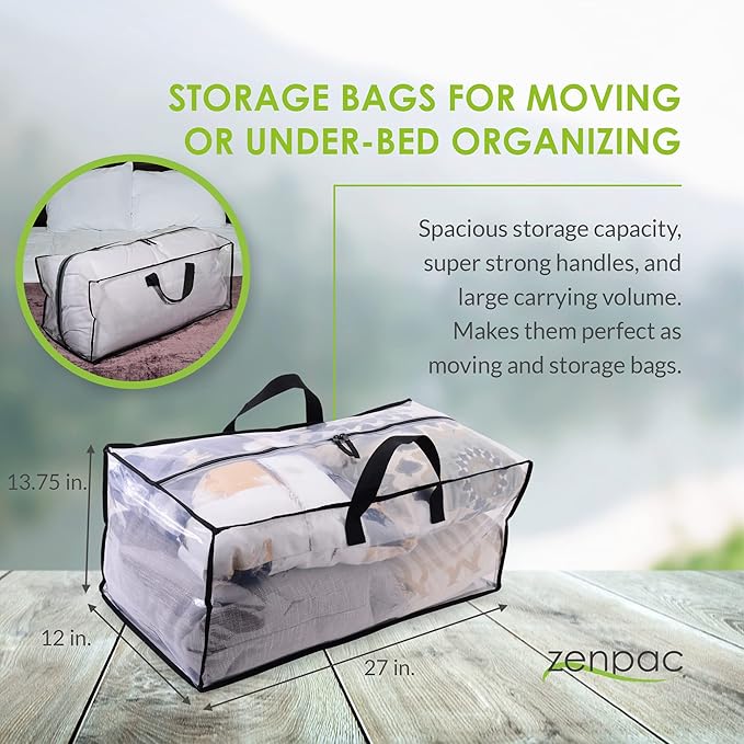 ZENPAC Clear Storage Bags with Handles, Zippered Plastic Containers for Clothes, Linens, Legos, Organizing, Packing, Under Bed, 27x12x13.75, 6 Pack