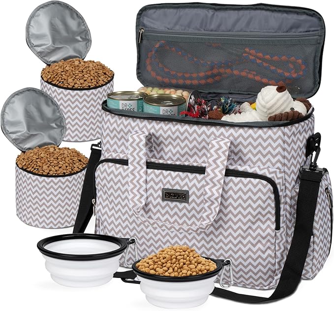 BAGLHER Dog Travel Bag, Pet Travel Bag (All Pet Travel Supplies), with 2 Pet Food Containers and 2 Collapsible Silicone Bowls; Essential Kits for Pet Travel BLW