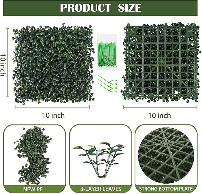 12PCS 10"x 10" Artificial Boxwood Wall Panels, UV-Anti Grass Wall Hedge Plant Panels for Indoor Outdoor Green Wall Decor Ivy Fence Covering Privacy