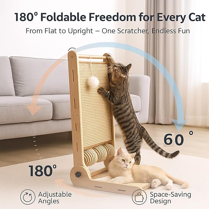 32" Foldable Sisal L Shaped Cat Scratch Pad with Ball Toy, Wooden Cat Scratching Post for Indoor Cats, 180° Angles Cat Scratcher for Indoor Cats, Durable Modern Cat Scratching Board