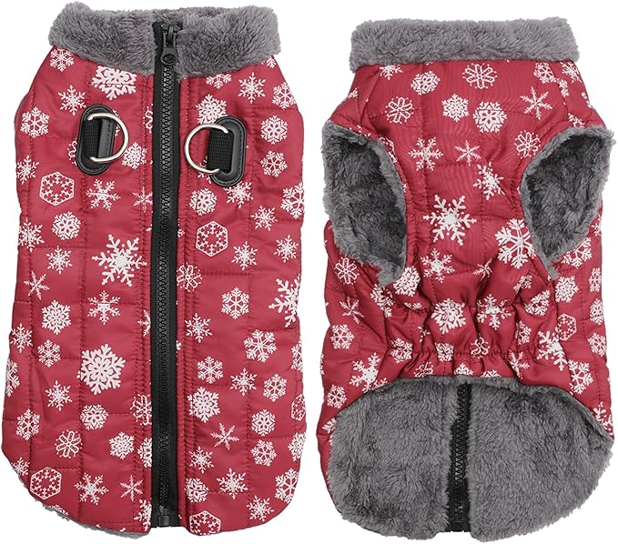 Warm Fleece Dog Coats with Durable Harness Buitl in D-Ring,Waterproof Puppy Jacket for Small Dogs,Dog Vest for Cold Winter,Red,Snow Pattern S