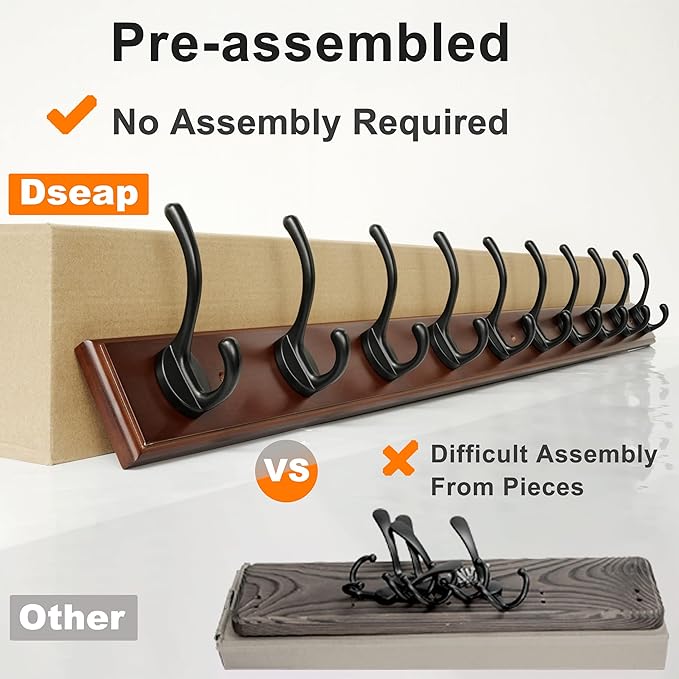 Dseap Coat Rack Wall Mounted: 10-Hooks, 38-1/4" Long, 16" Hole to Hole, Wood Coat Hooks Wall Mounted, Hook Rack, Hook Rail, Hooks for Hanging Coats, Light Walnut & Black