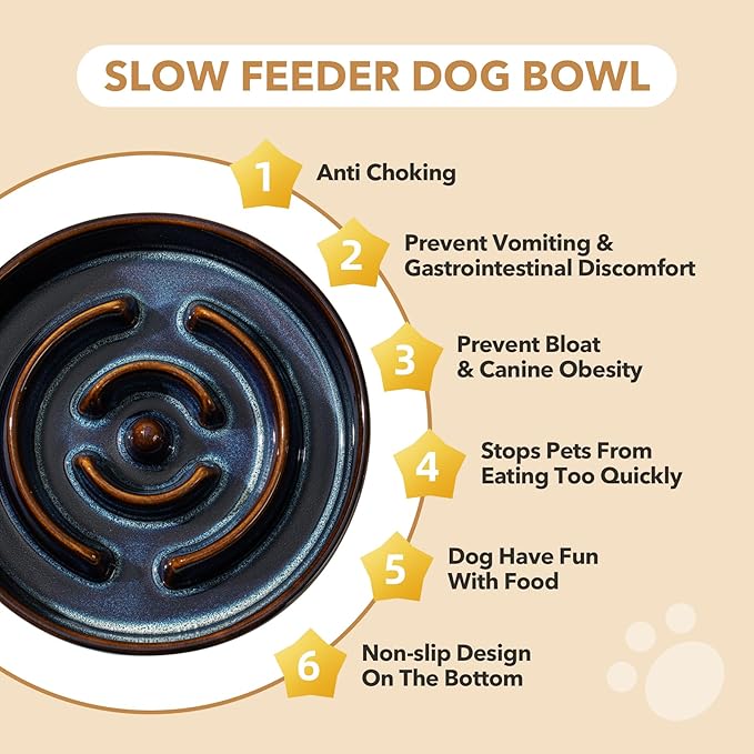 Ceramic 1.2 Cup Dog Bowl Slow Feeder for Medium and Small Dog, 7.3inch Pet Slow Dish, Pet Slow Dish, Stop Bloat, Preventing Choking(Single Bowl, Starry Sky)