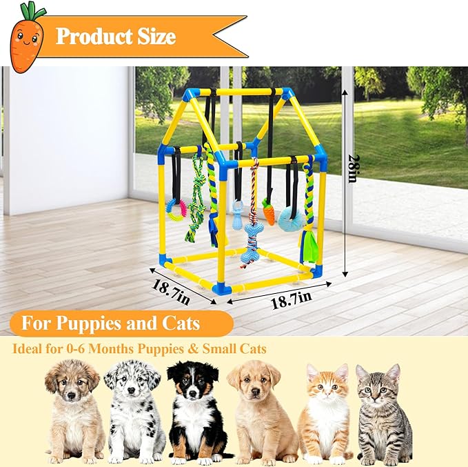 Puppy Play Gym with 8 Hanging Toys, Jungle Gym for Small Dogs & Puppies Indoor Enrichment Playground Interactive Training Activity Center for Teething Chewing,Entertainment Roof Shape