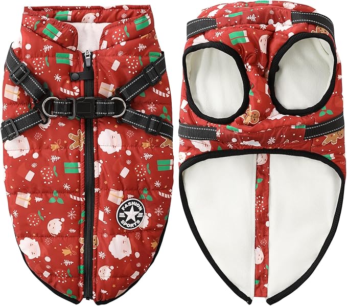 Aiboria Dog Jacket Windproof Fleece Dog Sweater with Padded Vest Chest Strap Harness Dogs Coat Christmas Red XL