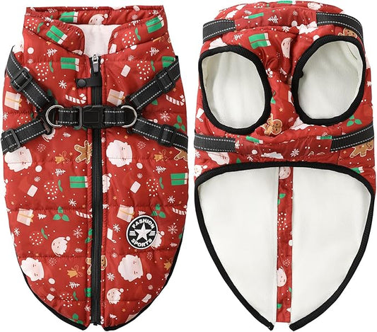 Aiboria Dog Jacket Windproof Fleece Dog Sweater with Padded Vest Chest Strap Harness Dogs Coat Christmas Red 3XL