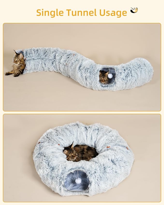 3-in-1 Cat Tunnel Bed, 34'' Tall Cat Scratching Post for Indoor Cats, Fluffy Peekaboo Donut Hideout Toy for Pets, Rabbit, Ferret