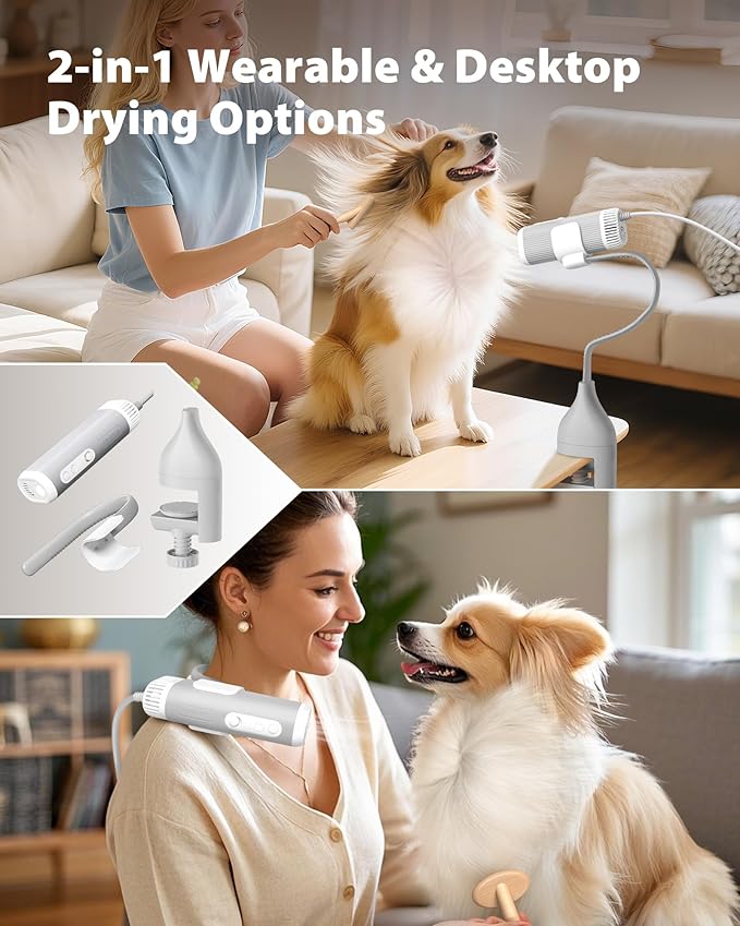 L&W BROS. 2-in-1 Pet Hair Dryer with Clamp Stand – Wearable & Hands Free Dog Grooming Dryer, 950W Low Noise Blower with 5 Heat & 3 Speed Settings, for Small to Medium Pets (White)