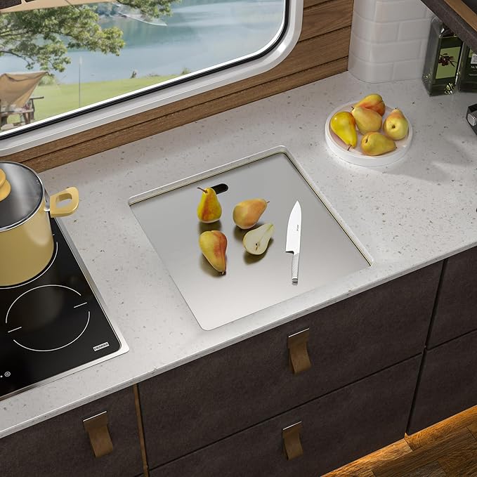 18"x18" Undermount RV Kitchen Sink – 16 Gauge 304 Stainless Steel Brushed Gold NANO-PVD Single Bowl Sink with Foldable Faucet, for RV, Camper, Mobile Home, Wet Bar