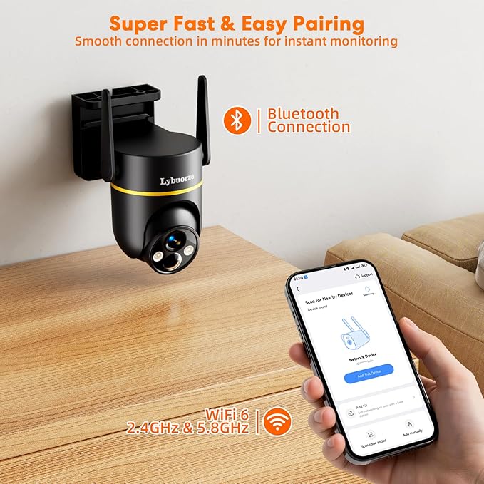 Lybuorz Outdoor Security Camera Wireless Solar Powered, 4MP HD Pan Tilt 360° View, IP65 Weatherproof, WiFi 6 Dual Band, AI Human Detection/Siren, 2-Way Audio, Color Night Vision, SD/Cloud Storage
