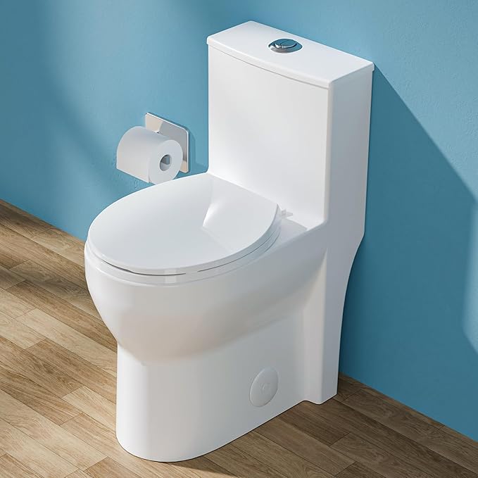 19 Inch Compact Modern Tall Toilet for Seniors,Tornado Flush One Piece ADA High Skirt Toilet for Small Bathroom Space, Dual Flush 1.0/1.28 GPF, Comfort Bowl Heigh 18 Inch,12" Rough-in, White