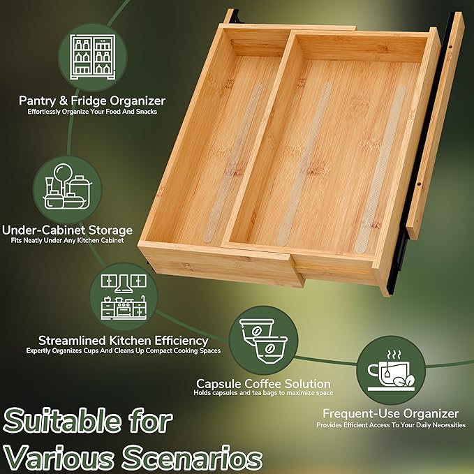 BAMEOS Expandable Pull-Out Cabinet Organizer – 14" to 20" Adjustable Width, Soft-Close Drawers for Kitchen, Pantry, Bathroom & Under Sink, 2-Pack Wooden Storage, 21" Depth, 66 lbs Capacity