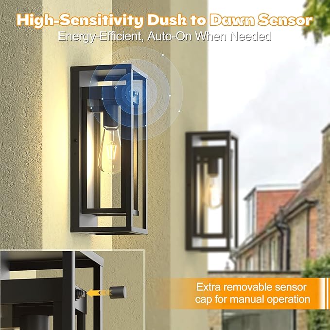 15in Dusk to Dawn Outdoor Wall Sconce-Black Modern Exterior Lighting Fixture Waterproof Porch Lights Large Outside Lantern Wall Mounted for Coach Doorway Patio E26 Base