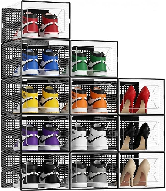 DUMOS Stackable Shoe Storage Boxes, 12-Pack Plastic Shoe Organizers with Lids, Large Shoe Rack & Holder for Closet, Under Bed, Entryway, Sneaker Display and Storage Containers, Black