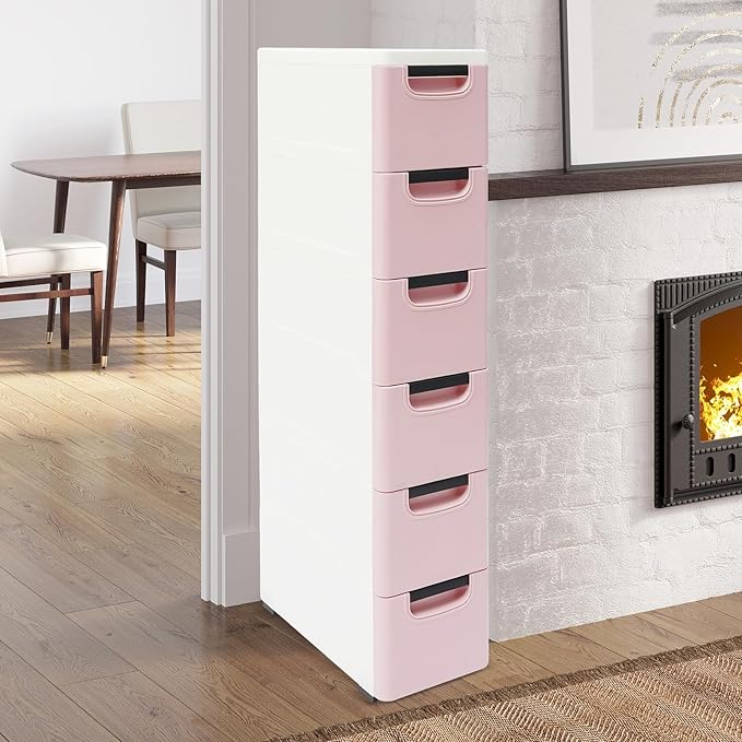 6 Drawers Plastic Storage Cabinet, Mobile Slim Utility Cart on Wheels, for Narrow Space Office Classroom Bedroom Bathroom (Pink)