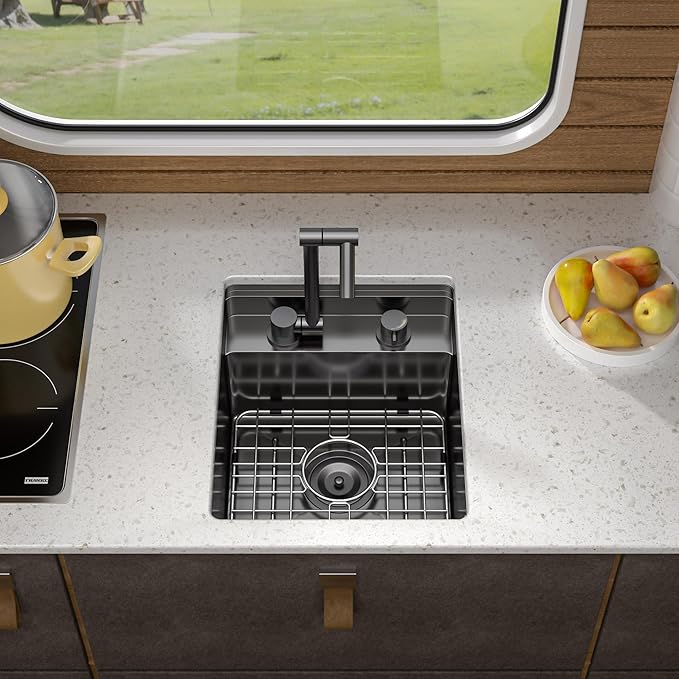 15 Inch RV Kitchen Sink - Fulorni 15"x17" Outdoor RV Mobile Camper Wet Bar Prep Sink Undermount Gunmetal Black NANO-PVD 16 Gauge Stainless Steel Single Bowl Basin with Foldable Faucet
