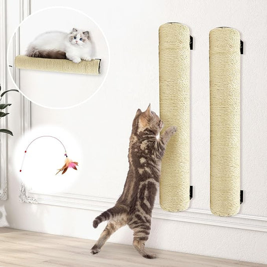 Wall Mounted Scratching Post for Cats 16 Inches Sisal Rope Cat Wall Scratcher Posts 2 Pack of Wall Mount Cat Furniture for Indoor Kittty to Scratch and Climbing with Feather Toys