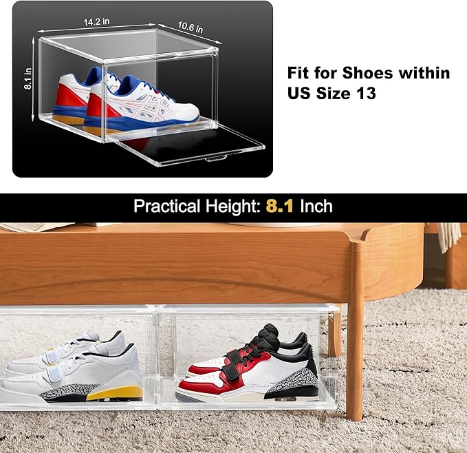 12 Pack Plastic Shoe Storage Boxes Fit US Size 13, Clear Stackable Shoe Display Case with Acrylic Magnetic Side Door, Shoe Containers for Sneaker Storage, Hats, Figure, Collectible