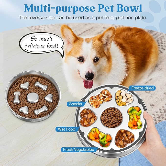 Slow Feeder Dog Bowls, 304 Stainless Steel Slow Feeder Bowl 5 Cups Metal Pet Food Bowl with Non-Slip Base for Medium & Large Breed, Bloat Stop, Dishwasher Safe