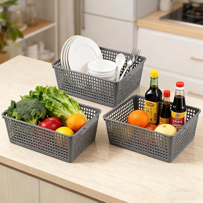 3 Pack Plastic Kitchen Storage Baskets, Rectangle Basket Set for Cabinets, Shelves, Countertops