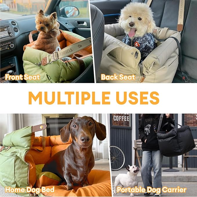 FUNNYFUZZY Leather Dog Car Seat for Small ＆ Medium Sized Dogs Up to 35lbs, Waterproof and Washable Dog Booster Seat Car Bed for Travel and Home,Portable and Safety(Beige)