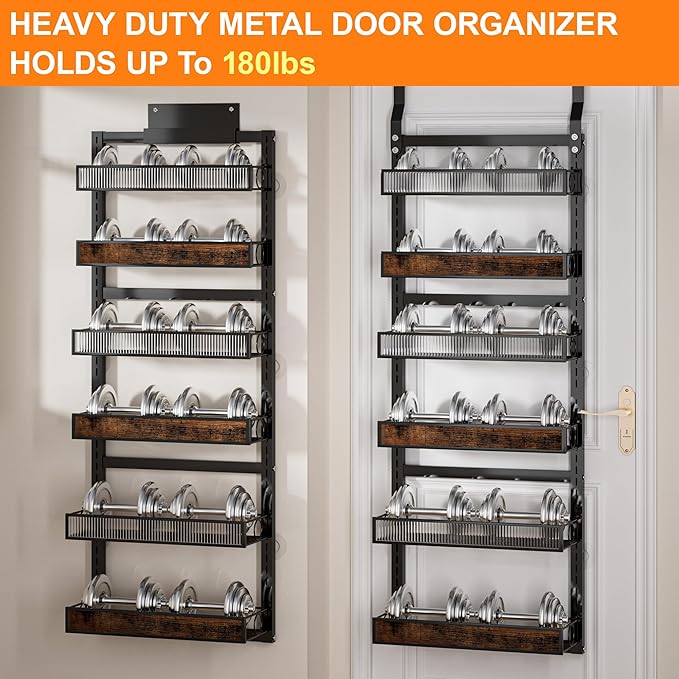 6 Tier Over the Door Pantry Organizer 2 IN 1 Hanging or Wall Mounted Spice Rack with Adjustable Basket,Heavy Duty Seasonning Storage Shelf for Kitchen Pantry and Bathroom,Black