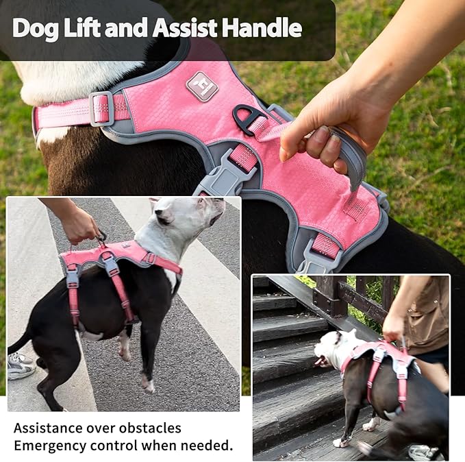 Huntboo Escape Proof Dog Harness, Escape Artist Harness, Reflective Harness with Padded Handle, Breathable, Durable, Adjustable Vest for Medium Dogs Walking, Training, and Running Gear (Pink,S)
