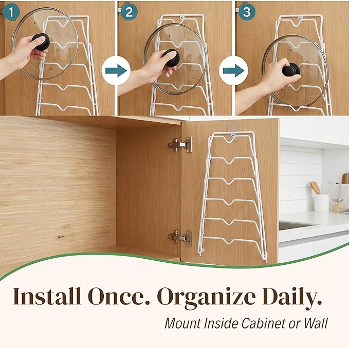 Evelots 6 Pot Lid Organizer for Cabinet or Pantry Wall - Cupboard Door Pots and Pans Organizer - Glass or Metal Pan Covers Cabinet Organizer - Rack Hanger Dividers - Set of 2