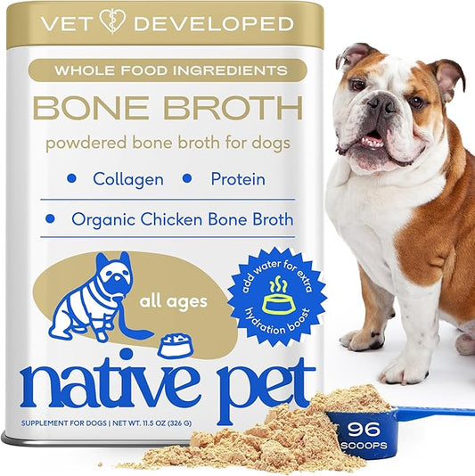 Native Pet Bone Broth for Dogs and Cats - Chicken Bone Broth Powder Dog Food Toppers for Picky Eaters - Provides Extra Nutrition for Joint Strength, Immune Support & Heart Health - 96 Scoops
