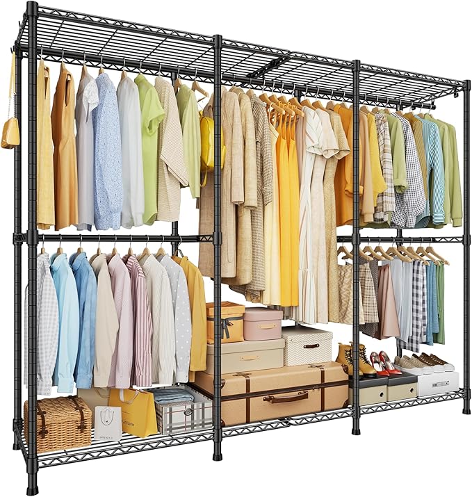 E14 Pro Heavy Duty Clothes Rack，Freestanding Clothing Racks for Hanging Clothes，Adjustable Closet Organizers and Storage，Metal Garment Rack with Shelves 69"W x16"D x77"H，Max Load 960LBS，Black