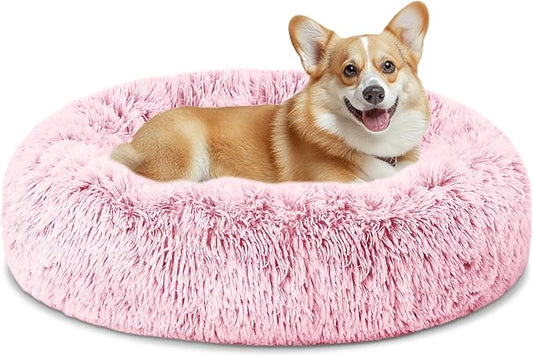 ELSKER&HOME Calming Dog Bed,Donut Washable Warming Soft Round 30 inches Dog Beds for Medium Dogs,Anti-Anxiety Fluffy Plush Cushion Bed Fits up to 50 lbs Pets,Pink