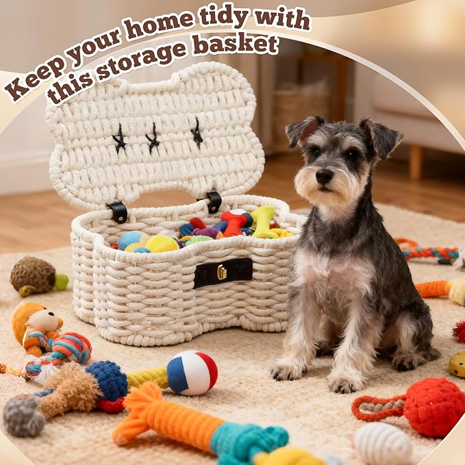 Dog Toys Bin, Cotton Rope Basket Bone Shaped Pet Toys Organizer, Handmade Pet Toy Bin, Woven Baskets for Storage, 14.96" x 11.22" x 6.5"inch