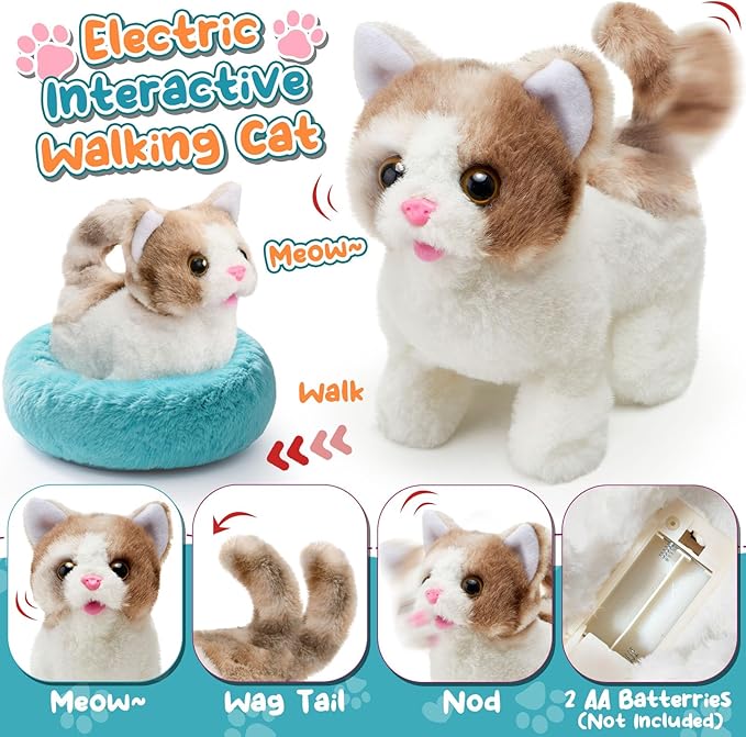 17PCS Interactive Cat Toys for Kids, Toys for 3 4 5 6 7 8 Year Old Girls Kids Boys, Walking & Meowing Cat Toy with Sound, Veterinarian Playset for Toddlers, Idea Birthday Gifts for Little Girls