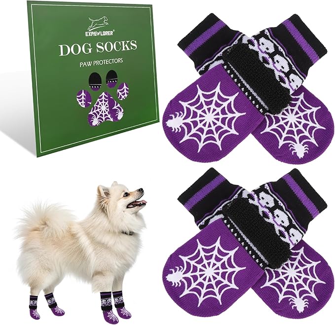EXPAWLORER Halloween Anti Slip Dog Socks to Prevent Licking Paws, Boots & Paw Protectors with Spider Web Grippers,Doggie Booties for Hardwood Floors for Small Medium Large Senior Dogs Purple Ghost S