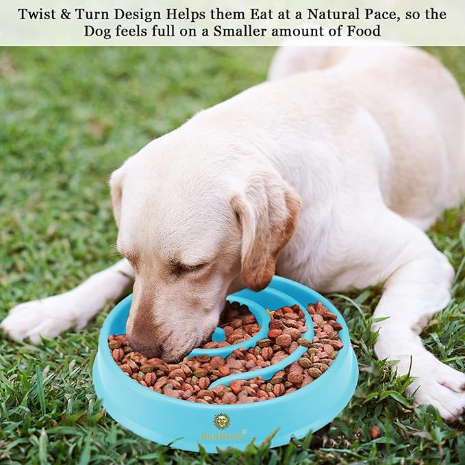 SunGrow Dog Slow Feed Bowl, Spiral Design Encourages Slow Eating, Interactive, 8”, Non-Slip Base, Portion Control, Blue, 1pc