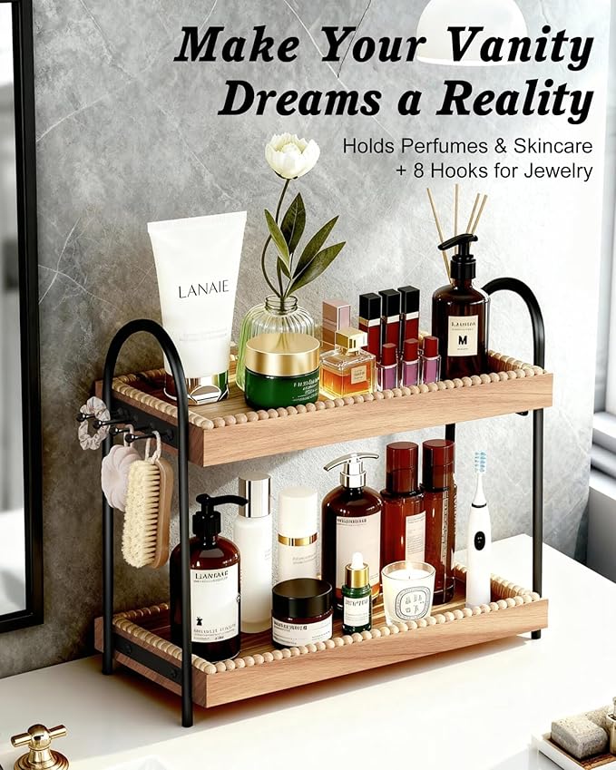 2-Tier Large & Medium Perfume Organizer with 8 Hooks for Jewelry, Bathroom Countertop & Vanity Tray Makeup Shelf - Space Saving Wooden Storage for Skincare, Dresser, Kitchen Decor(Black & Light Brown)