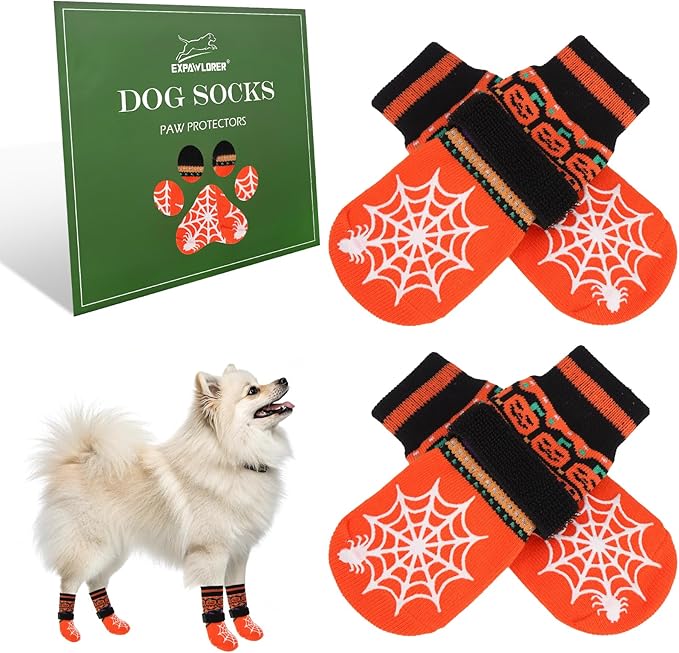EXPAWLORER Halloween Anti Slip Dog Socks to Prevent Licking Paws, Boots & Paw Protectors with Spider Web Grippers,Doggie Booties for Hardwood Floors for Small Medium Large Senior Dogs Orange Pumpkin S