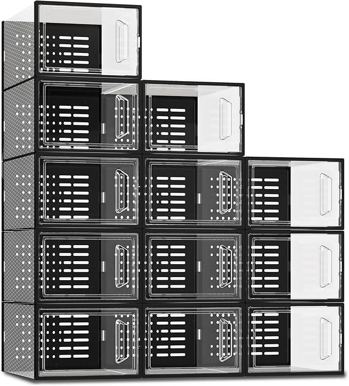 SEE SPRING Shoe Storage Boxes, White Plastic Stackable Shoe Organizer for Closet, Shoe Rack & Holder Sneaker Container, 12 Pack Black