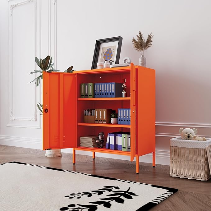 Orange Heavy Duty Metal Storage Cabinet, Multifunctional Lockable Cabinet with 3 Adjustable Shelves, Secure Industrial Organizer for Home Office School, Easy Assembly, 40" H x 31.5" W x 15" D