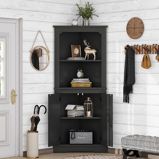 KEIKI 69.3" Corner Storage Cabinet with Round Edges, 2 Open Shelves and Door for Maximum Storage in Small Spaces, Stylish - Black