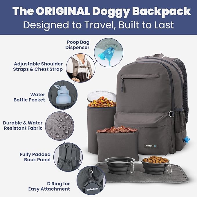 Dog Travel Bag for Supplies - Complete Doggy Diaper Bag Backpack - Ideal Gift for Dog Lovers, Doggy Moms & Dads for Christmas - Laptop Sleeve, 2 BPA-Free Bowls, Food Container, Treat Pouch: Dk Grey