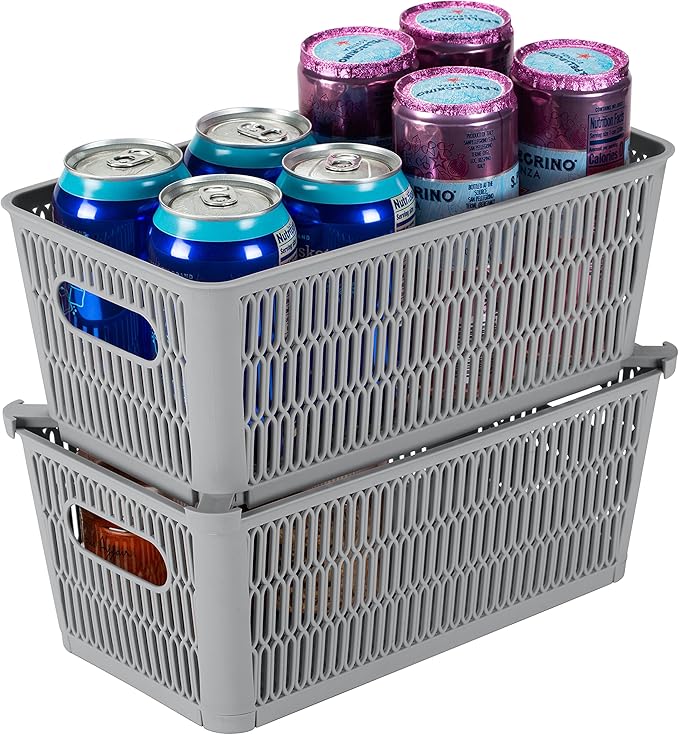 Simplify 4Pk Small Slide 2 Stack It Tote Basket | Storage & Organization | Open Bins with Stackable Capability | Bathroom | Crafts | Pantry | Playroom | Office | Grey