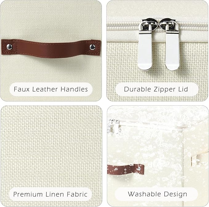 2 Pack Storage Bins with Zipper Lid Cotton Linen Fabric Lidded Storage Baskets Boxes Foldable Washable Closet Shelf Clothes Organizer Container with PU Leather Handles (Beige, Small Size)