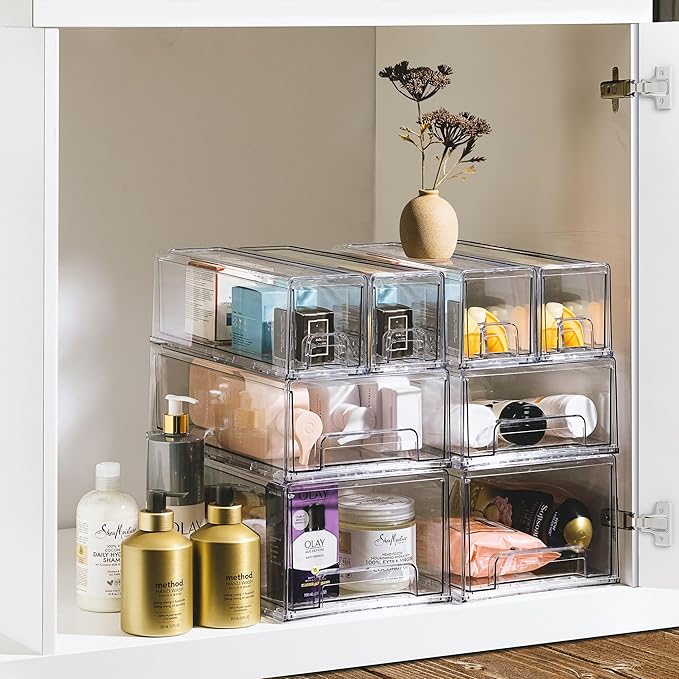Sorbus Small Clear Stackable Drawers, Plastic Storage with Handles - Craft, Clothes, Medicine, Makeup, Closet, Art Supply, Bathroom, Shoe, Toy Organizer (2 Pack Wide)