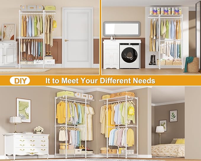 E14 Pro Heavy Duty Clothes Rack，Freestanding Clothing Racks for Hanging Clothes，Adjustable Closet Organizers and Storage，Metal Garment Rack with Shelves 69"W x16"D x77"H，Max Load 960LBS，White