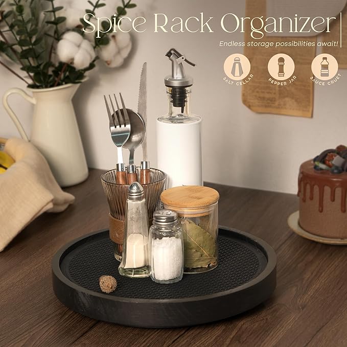 EOSAHR Non-Skid Wooden Lazy Susan Turntable for Cabinet – Chic 10.5" Lazy Susan Turntable and Bathroom Tray for Bathroom Decor & Coffee Table - Ideal for Home and Kitchen (Black)